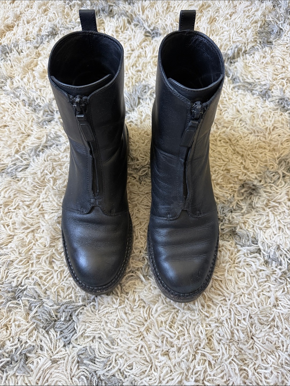 Vince. Black Leather Front-Zip Ankle Boots